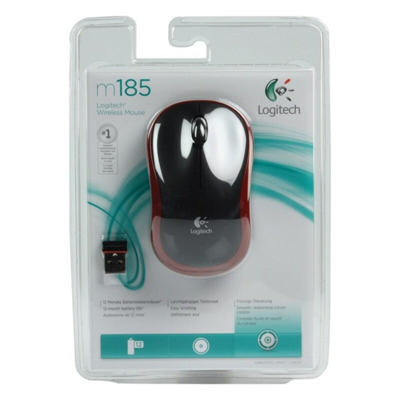 Mouse Ottico Wireless Logitech M185 1000 dpi Nero Rosso