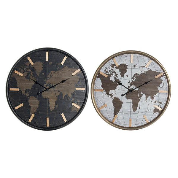 Wall Watch DKD Home Decor Schwarz Marrone Ferro Wood MDF Mappamondo (2 PCs) (75 x 4 x 75 cm)