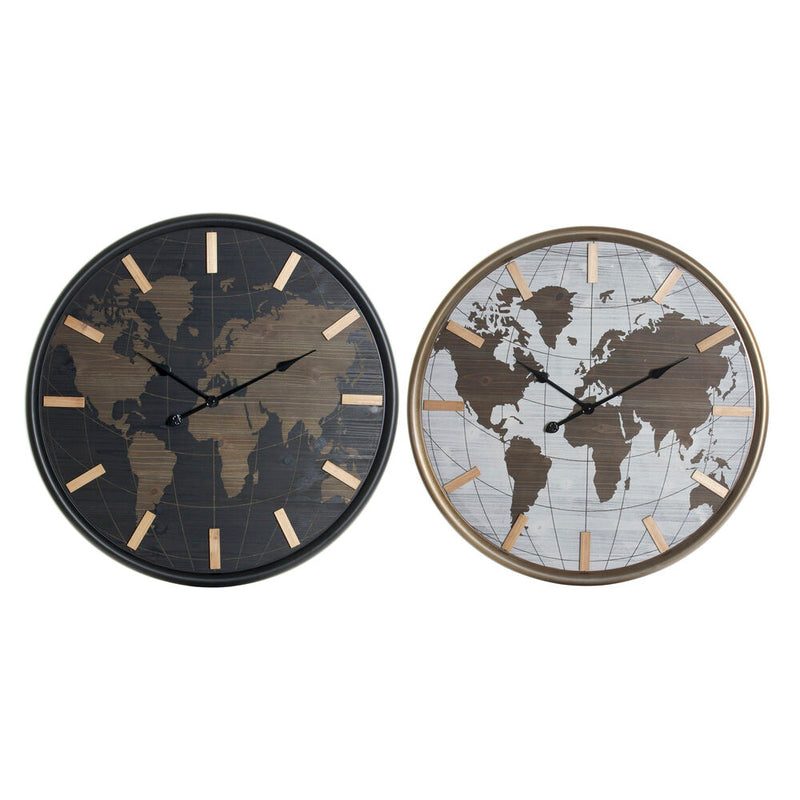 Wall Watch DKD Home Decor Black Marrone Ferro Wood MDF Mappamondo (2 pcs) (75 x 4 x 75 cm)