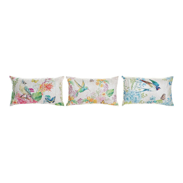 Cushion DKD Home Decor Yellow Blue Pink Cotton Linen Bird (3 pcs) (50 x 30 x 12 cm) - zannishop