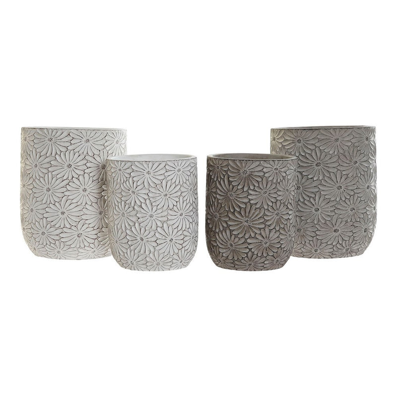 Ensemble de vases domestiques DKD décor des fleurs de ciment blanc gris (2 pcs) (17 x 17 x 21 cm) (14 x 14 x 17 cm)