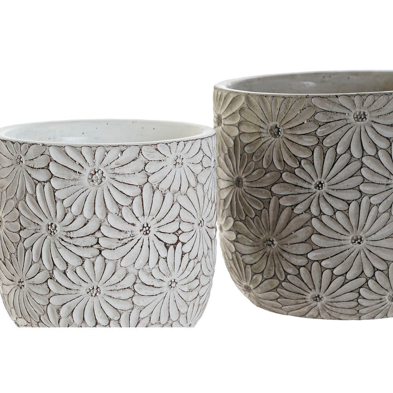 Ensemble de vases domestiques DKD décor des fleurs de ciment blanc gris (2 pcs) (14 x 14 x 13 cm) (17 x 17 x 15 cm)