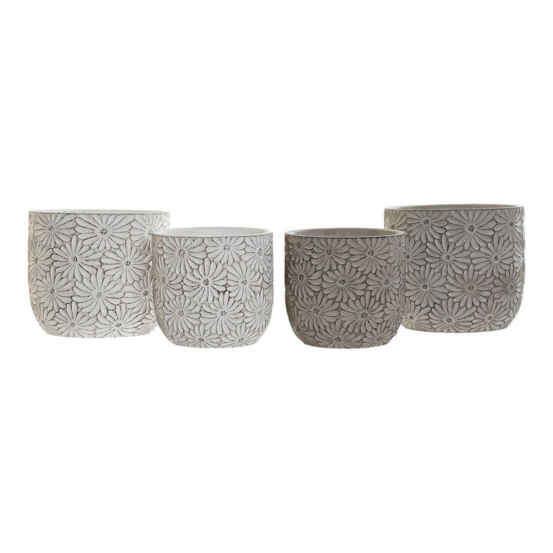 Ensemble de vases domestiques DKD décor des fleurs de ciment blanc gris (2 pcs) (14 x 14 x 13 cm) (17 x 17 x 15 cm)