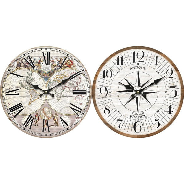 Wanduhr DKD Home Decor White Wood Mdf Mappamondo (34 x 4 x 34 cm) (2 PCs)