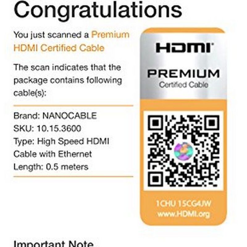 HDMI nanocable HDMI V2.0, 0,5m 10.15.3600 V2.0 4K 0,5 m noir